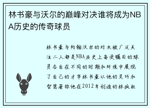 林书豪与沃尔的巅峰对决谁将成为NBA历史的传奇球员